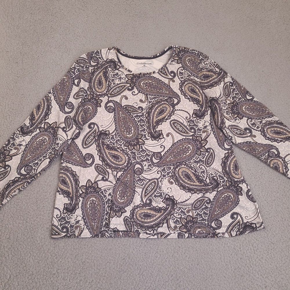 Croft Barrow Shirt Womens 1X Gray White Paisley 3/4 Sleeve Cotton